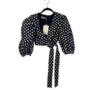 Choosy Women’s Long Sleeve Navy Deep V-Neck Wrap Style Cropped Blouse Sz XS NWT